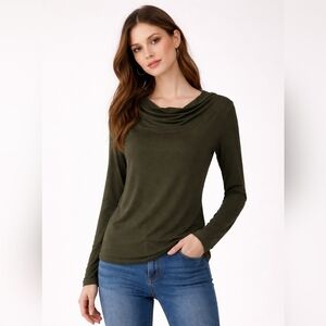 Max Mara MaxMara Jersey Knit Drape Neck Top Womens XL Olive Green Long Sleeeve